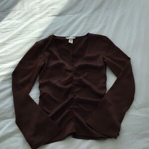 H&M Brown V-Neck Ruched Long Sleeve Top
